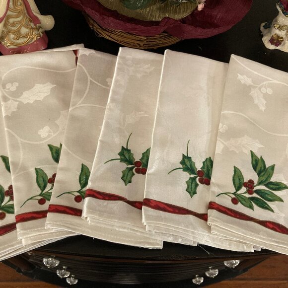 Charter Club 6 Holiday Dinner Fabric Napkins Ribbons and Holly - Picture 1 of 6